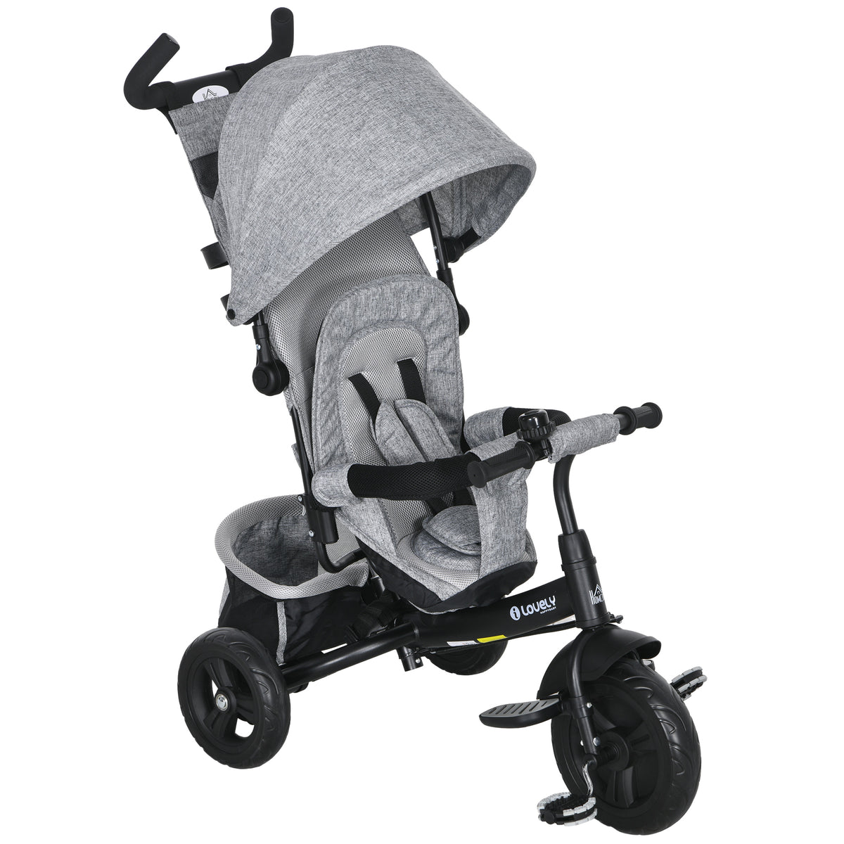 Kinderdriewieler, kinderfiets, rugmand, bekerhouder, zonnekap, metaal, grijs