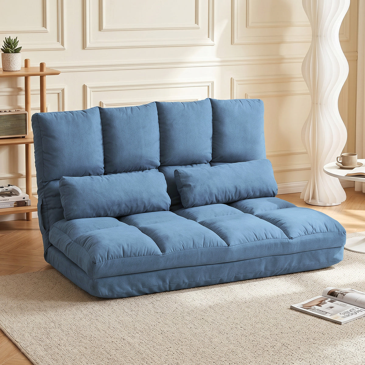 Vloerbank slaapbank bank, inklapbaar, verstelbare rugleuning, 102 cm x 73 cm x 60 cm, blauw (2)