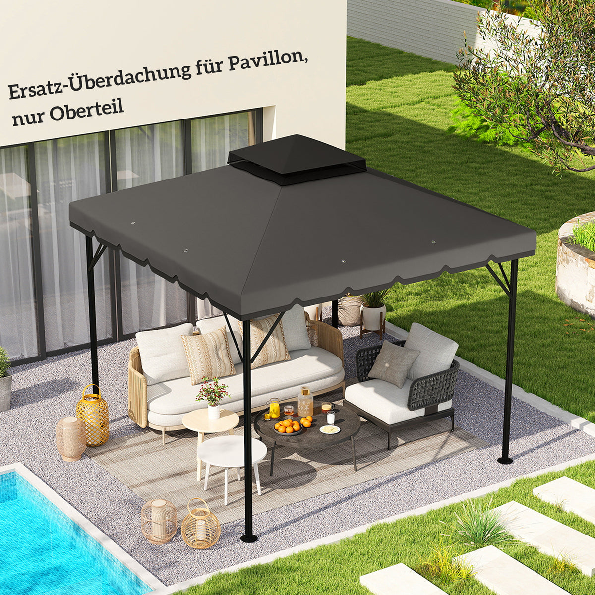 Vervangend dak voor paviljoen 3x3m waterafstotend paviljoendak met dubbel dak waterafvoeropeningen lichtgrijs (2)