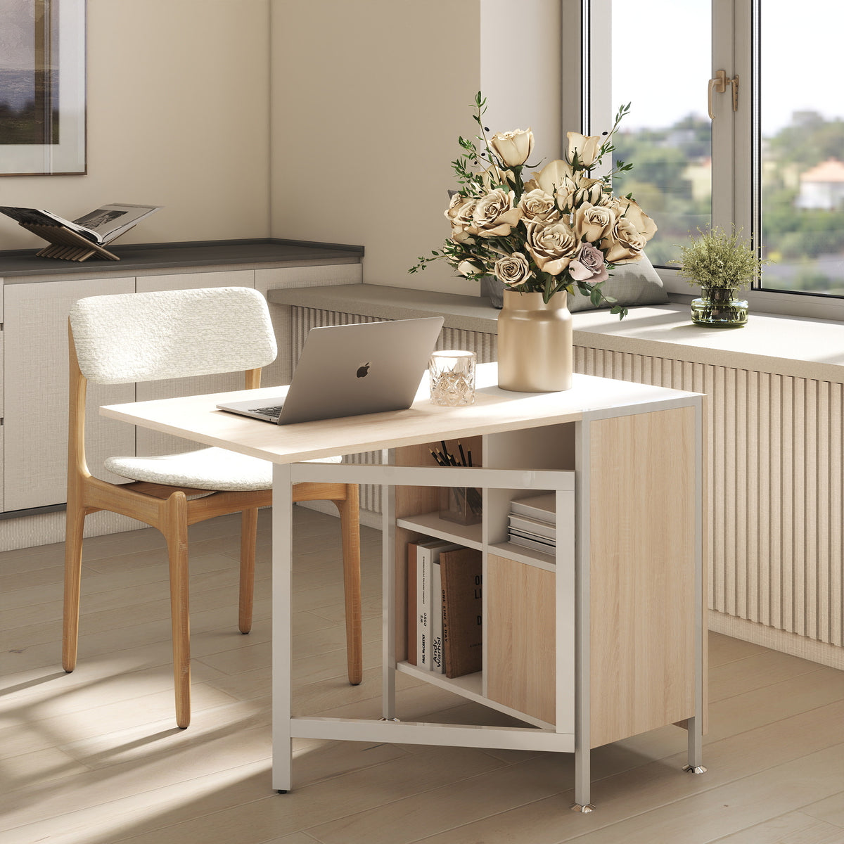 Klaptafel eettafel bijzettafels opbergruimte voor woonkamer keuken eikenhout metaalframe natuur+wit 169 x 60 x (2)