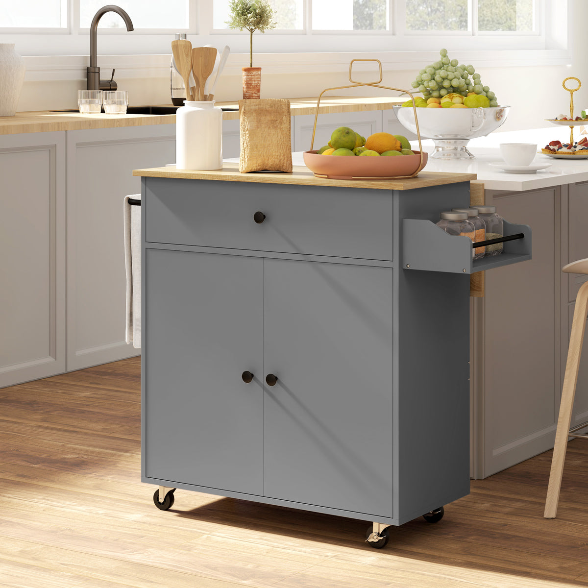 Keukenwagen met lade, kastvak, handdoekstang, 106 x 42 x 87 cm, grijs/eiken (2)