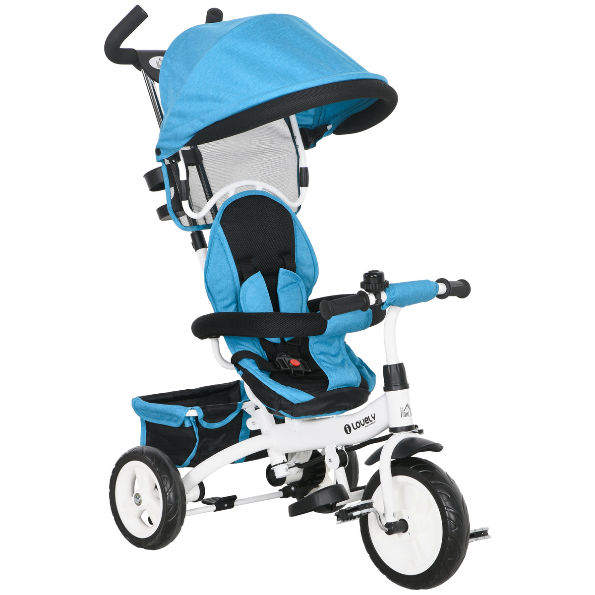 6-in-1 kinderdriewieler met duwstang, zonnekap, veiligheidsgordel, opbergmand, voor 1-5 jaar, blauw