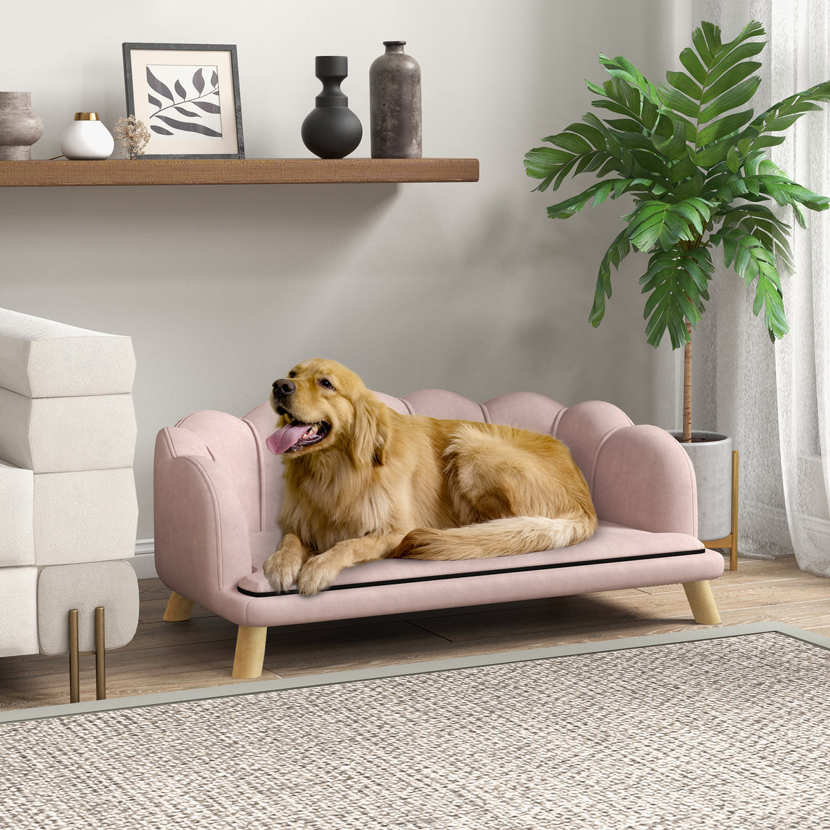 Huisdiersofa voor middelgrote en grote honden tot 25 kg, robuust hout, gestoffeerd, roze (2)