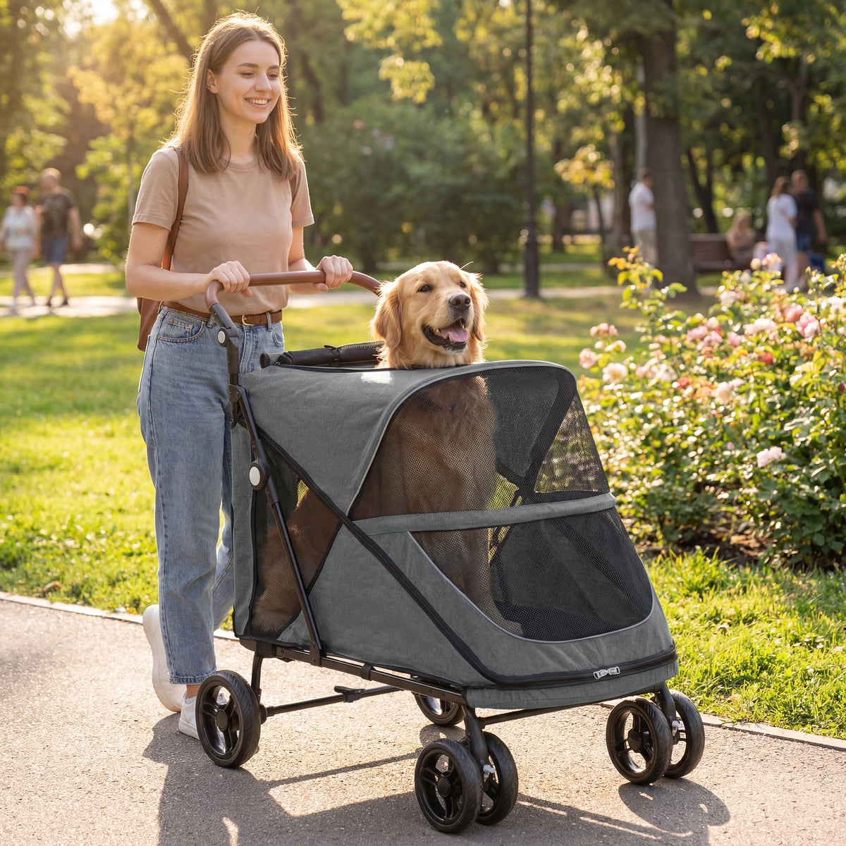 Hondenbuggy opvouwbaar voor grote honden tot 30 kg met 360° draaibare wielen, netvensters, kussen en verstelbare (2)