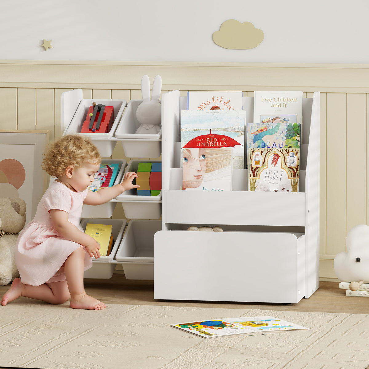 Speelgoedrek, kinderkamerrek met 6 bakken, boekenplank, verrijdbare box, 100 x 30 x 80 cm, MDF, staal, wit (2)