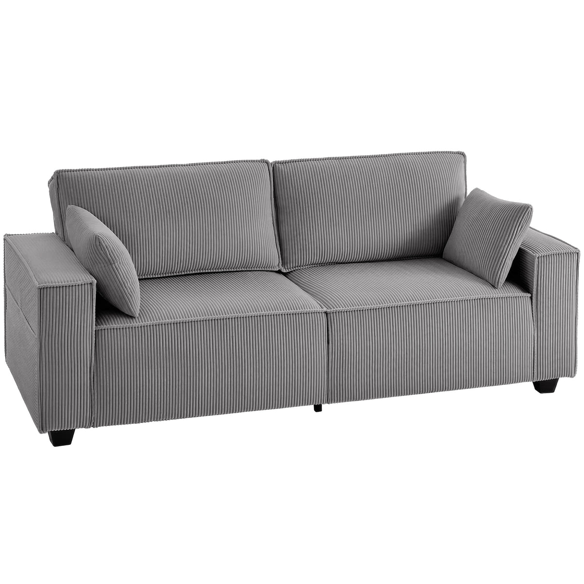 218 cm 3-zitsbank, moderne corduroy bank met pocketvering, brede armleuningen en 2 kussens, lichtgrijs