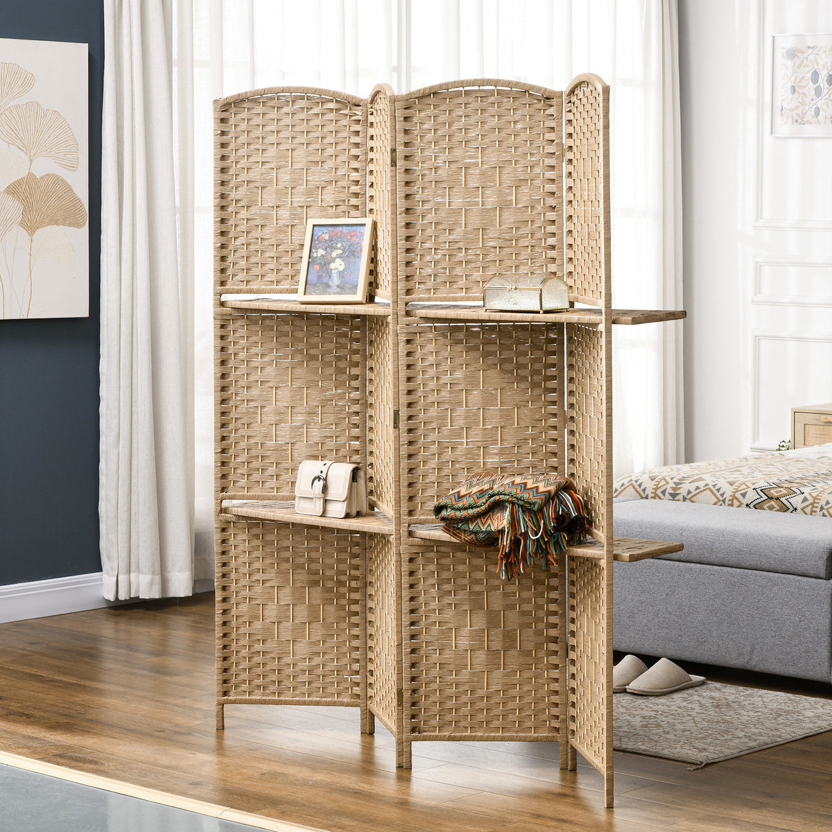 4-delig kamerscherm, 160 x 170 cm, opvouwbare scheidingswand met 2 planken, naturel hout (2)