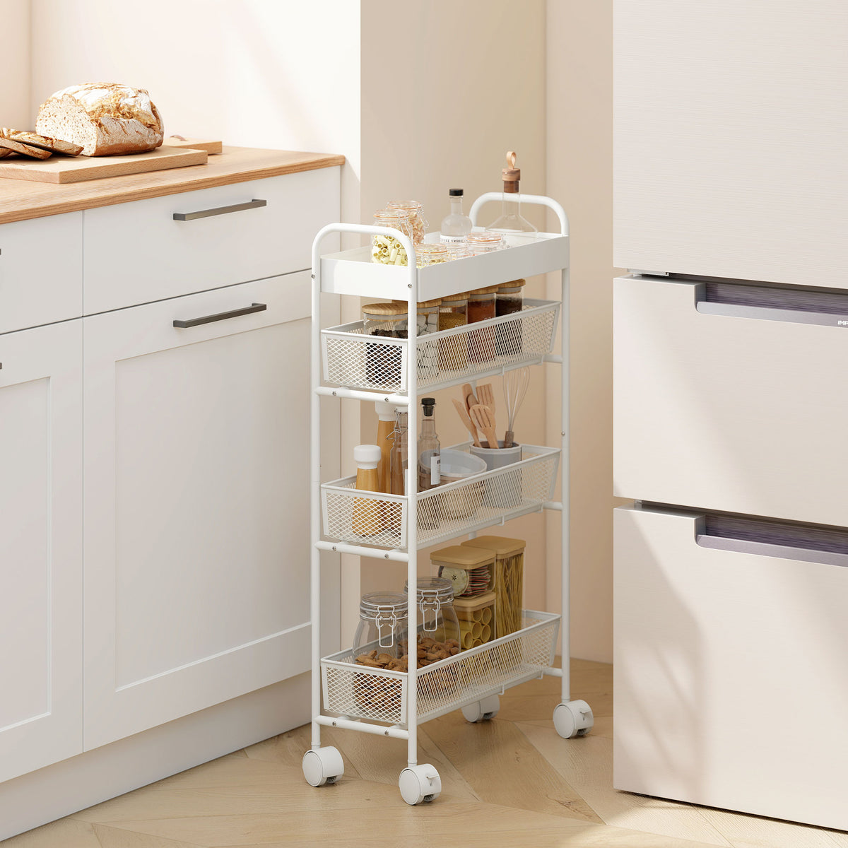 Keukenwagen van metaal, 3 manden, smal design, 4 wielen, voor keuken, woonkamer, badkamer, wit (2)
