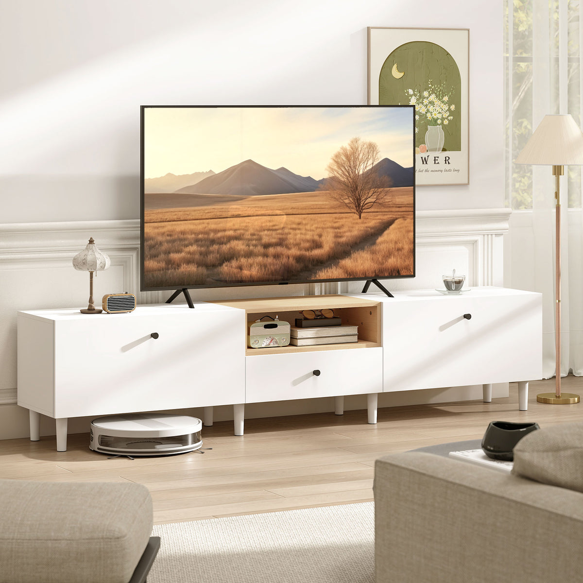 200 cm tv-meubel voor tv's tot 90 inch, 2 klepvakken, open vak, lade, 8 poten, spaanplaat, wit (2)