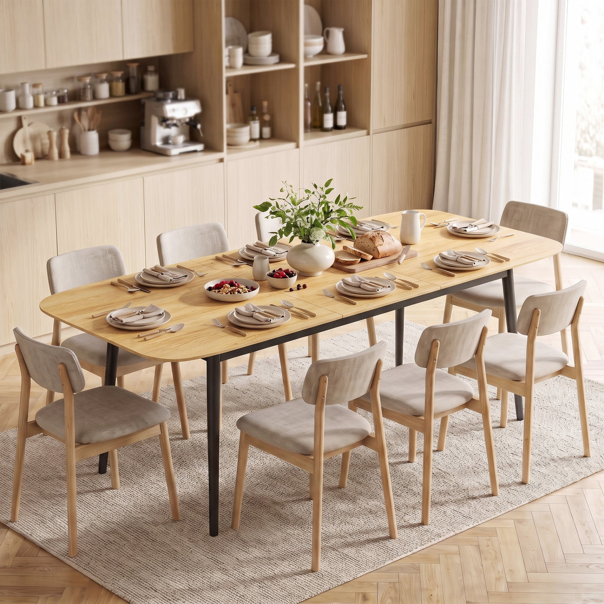 Uittrekbare eettafel voor 6-8 personen, keukentafel met opbergruimte, eiken houtlook (2)