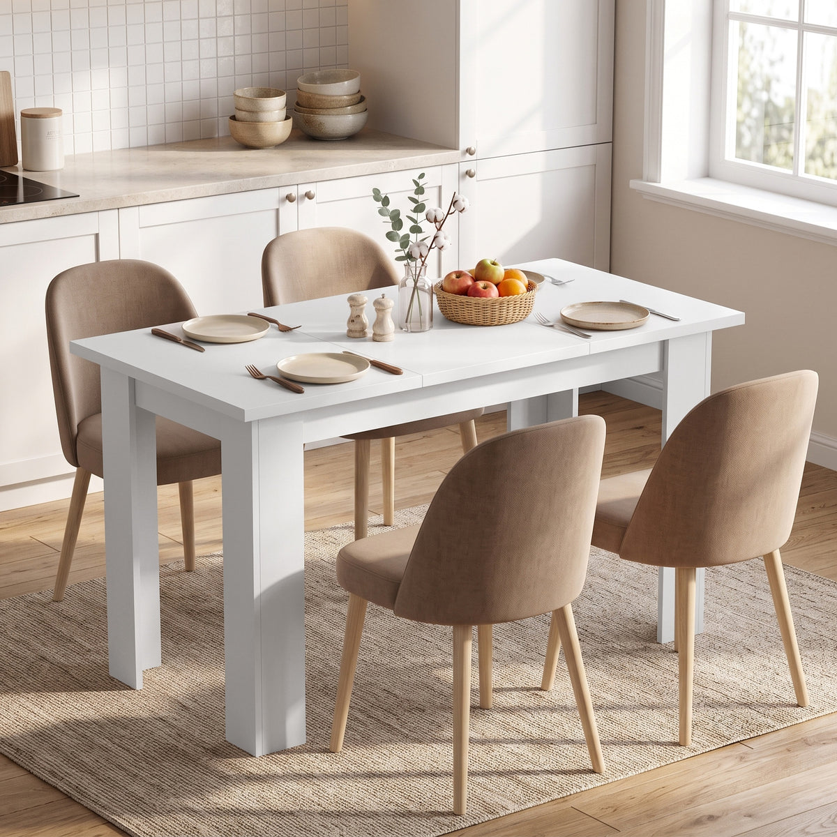 Eettafel met verborgen opbergruimte, rechthoekige keukentafel met zijvakken, wit (2)