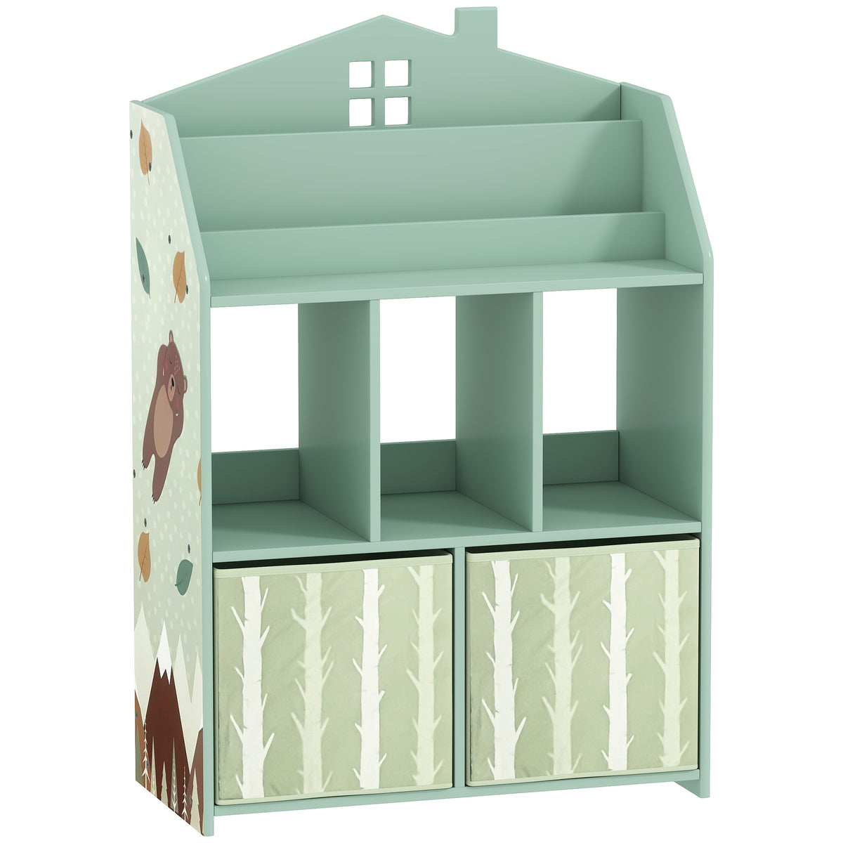 Kinderboekenrek met 2 stoffen lades, open rek voor 3-8 jaar, 62,5x30x91,5 cm, groen