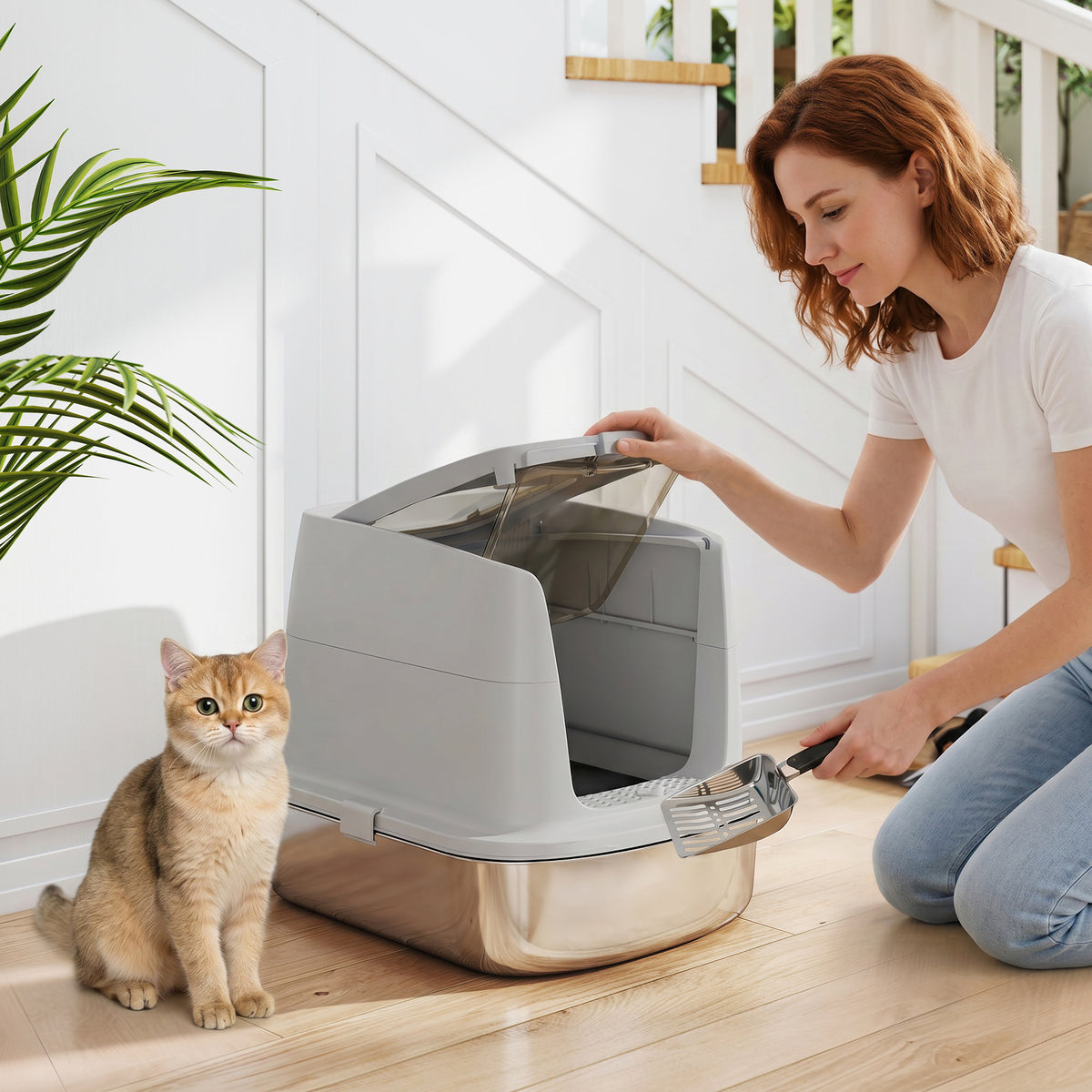 Roestvrijstalen kattentoilet, gesloten kattentoilet met schepje, geurzakjes, in- en uitgang (2)