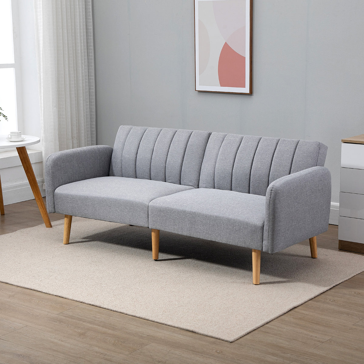 Slaapbank, 2-zits stoffen bank, bank met slaapfunctie, linnenlook polyester, rubberhout, 173 x 75 x 73 cm, grijs (2)