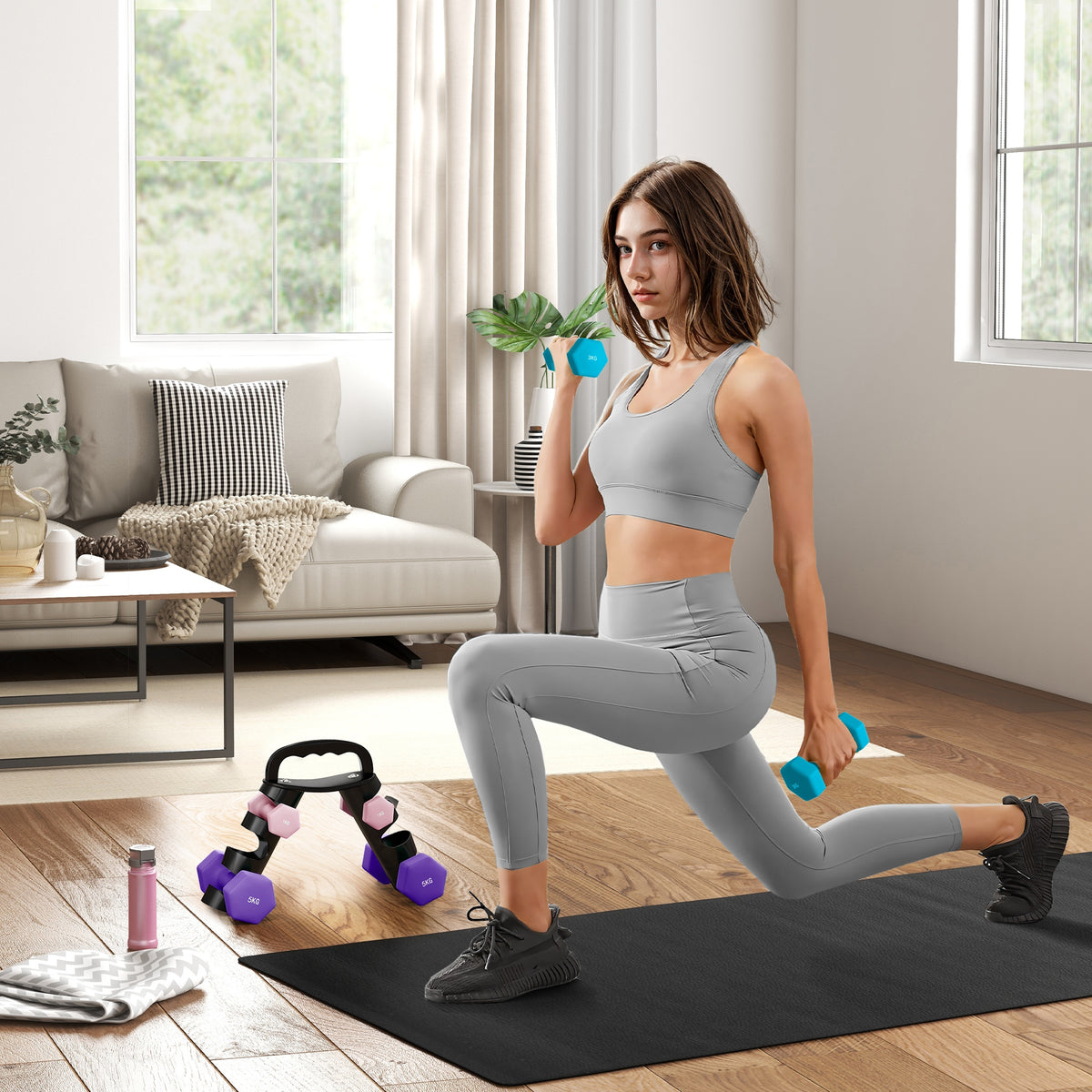 Halterset met opbergrek, set van 6 halters voor fitnesstraining, 2 x 1kg, 2 x 3kg, 2 x 5kg (2)