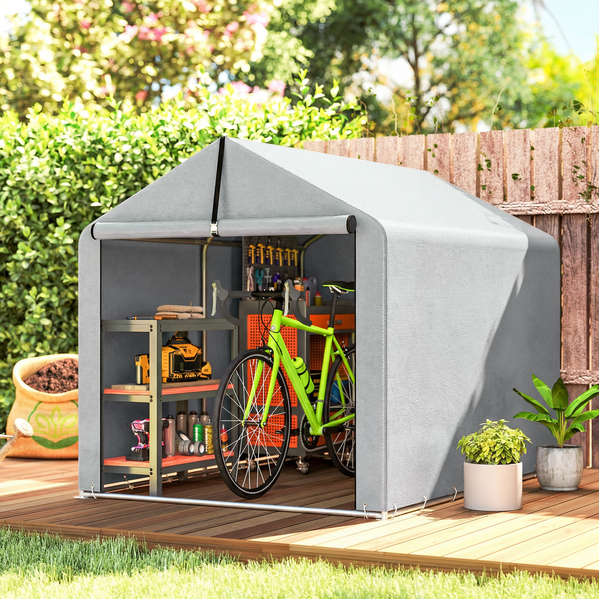 Garagetent 2,2 x 1,6 m waterdicht gereedschapstent met roldeur zadeldak stalen frame, UV-bestendig lichtgrijs (2)