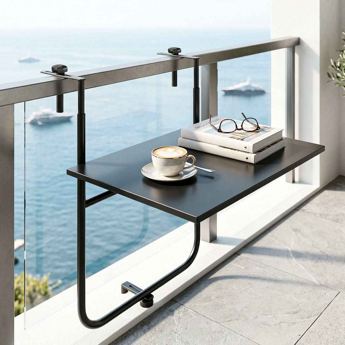 Balkontafel, voor balustrades van 6-15 cm dik, verstelbaar, roestvrij metaal, 62x60x85,5 cm, zwart (2)