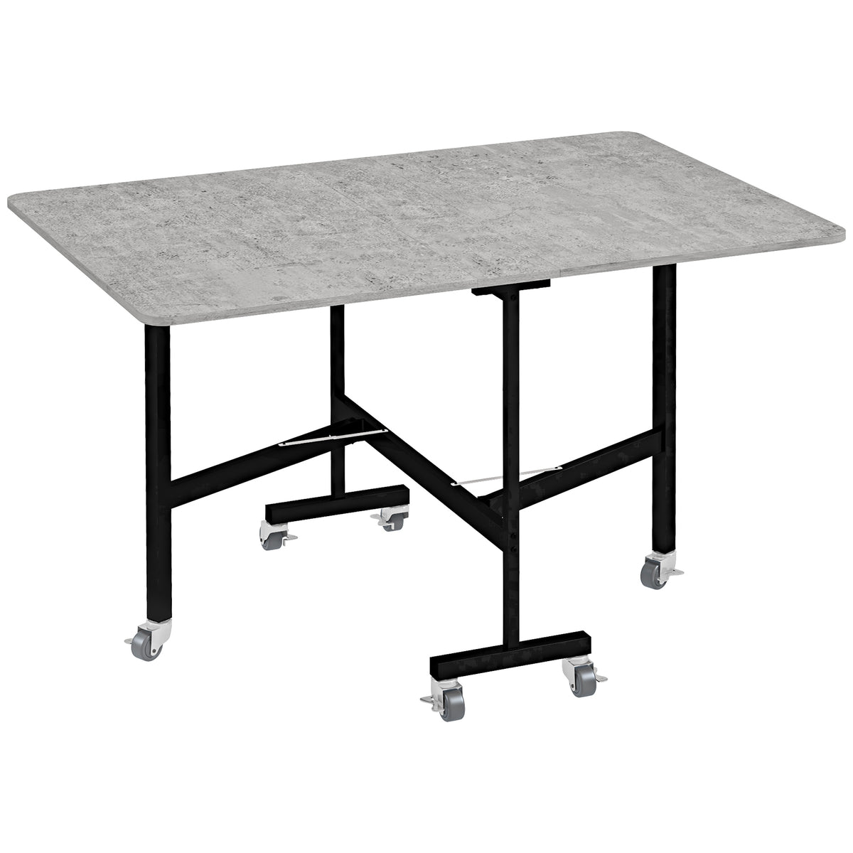 Eettafel voor 4-6 personen, klaptafel met wieltjes, stalen onderstel, 52,5-120 x 80 x 73 cm, grijs