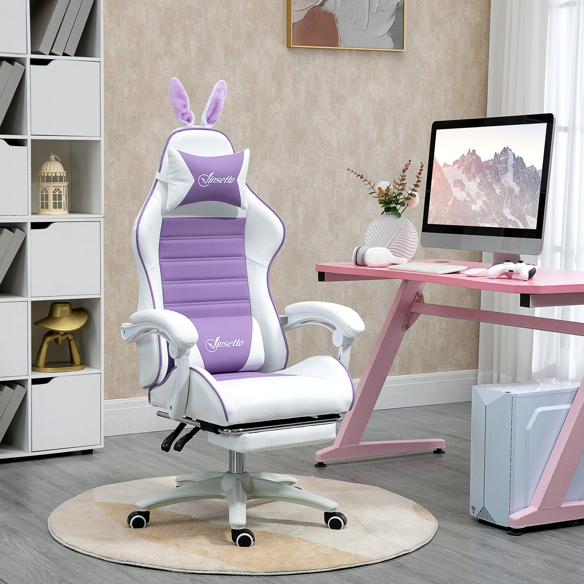 Gamingstoel Ergonomische gamestoel met lendensteun, voetensteun, konijnenoren-hoofdkussen, paars (2)