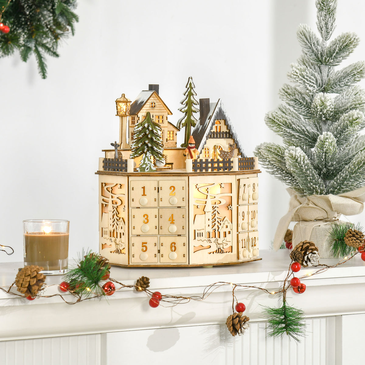 Adventskalender Adventskalenderdoos kerstdecoratie, ledverlichting, 24 lades, naturel (2)