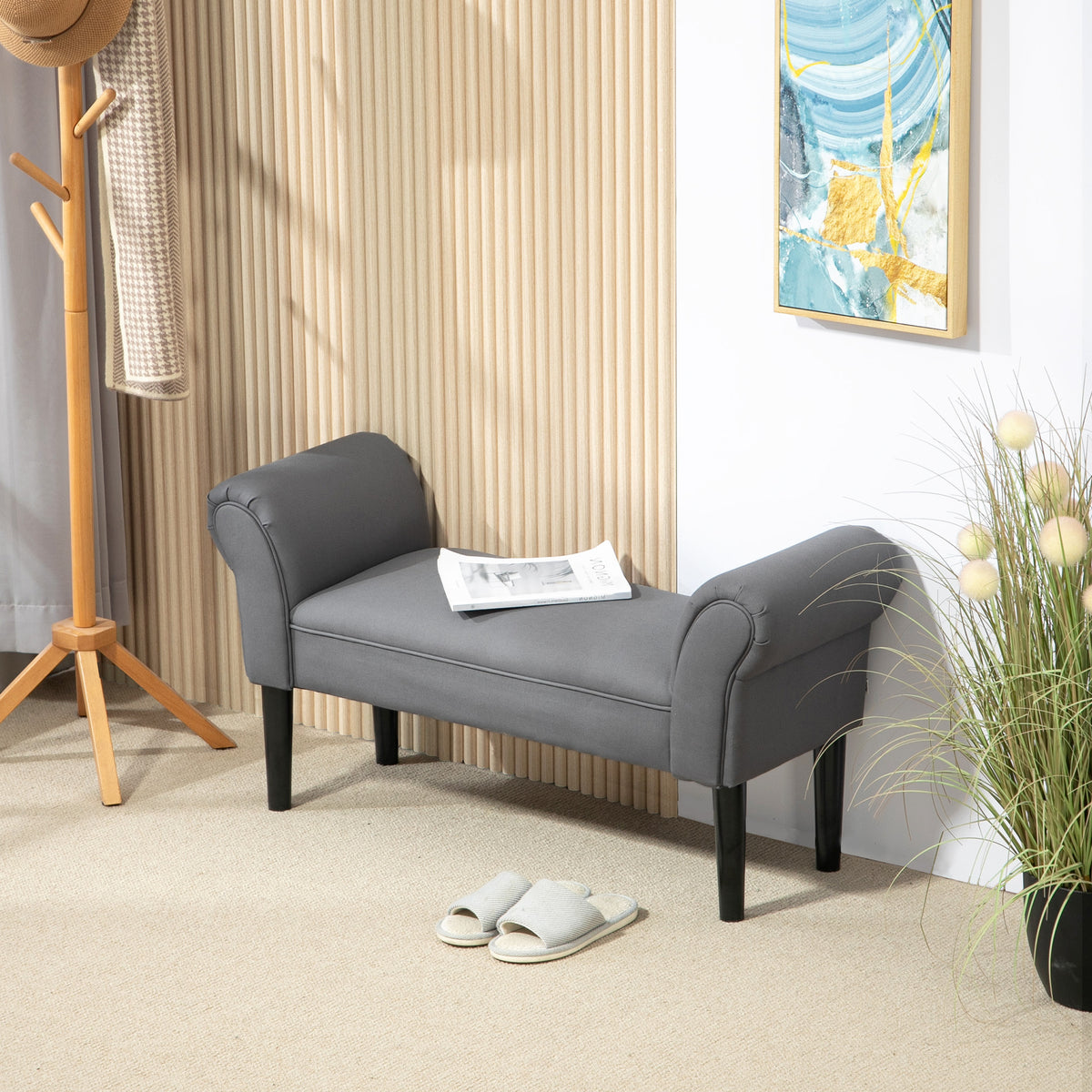 Zitbank, slaapbank, robuuste constructie, zachte bekleding, 102x36x51 cm, grijs (2)