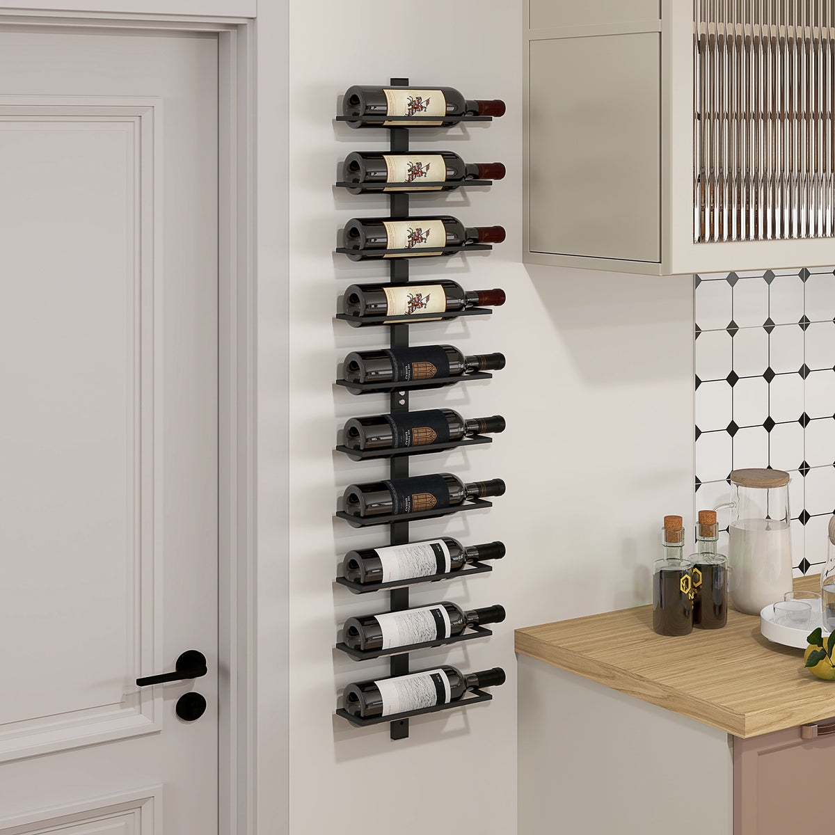 Wijnrek, wandrek voor 10 wijnflessen, 10 niveaus, metaal, voor keuken, woonkamer, thuisbar, zwart (2)