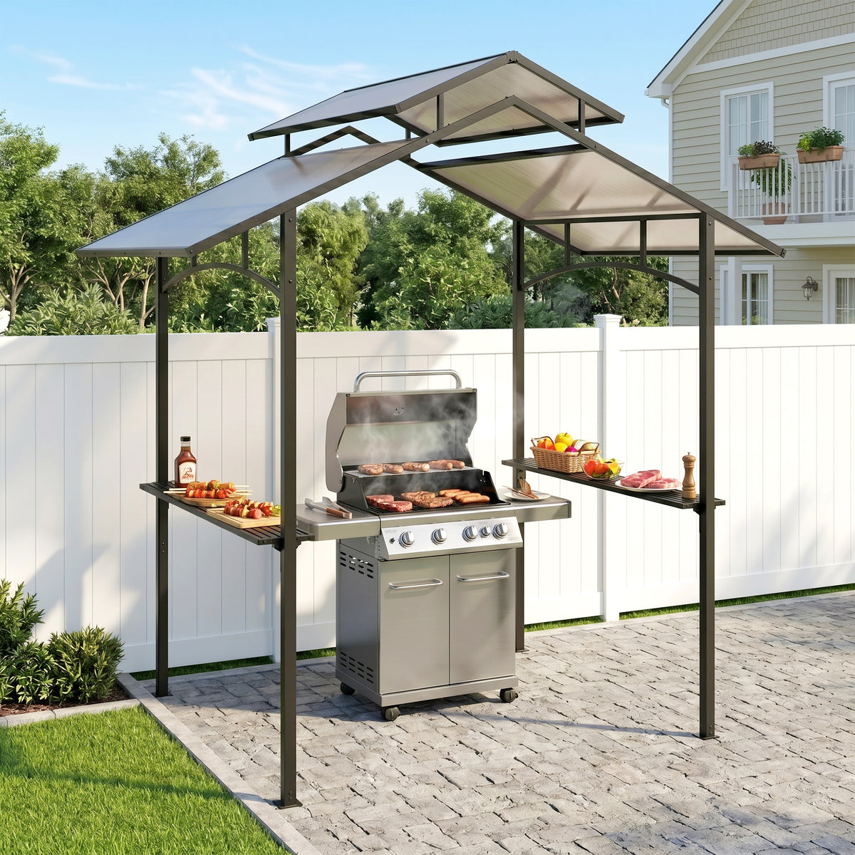 Grillpaviljoen met vlamvertragend dak BBQ-paviljoen met 2 legplanken 2,5 x 1,5m staal PC zwart+bruin (2)