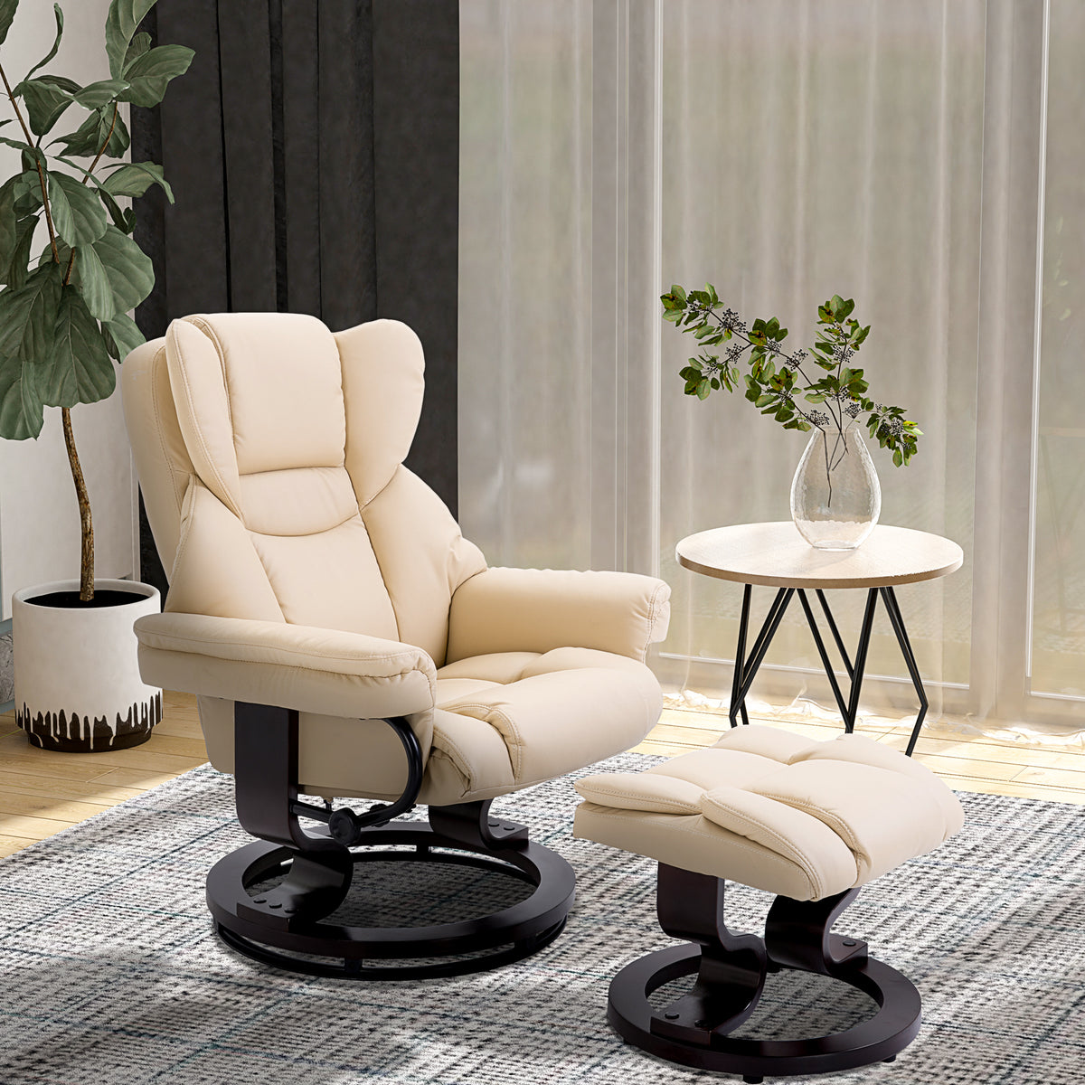 Relaxfauteuil met hocker, ligfunctie, draaibaar, tot 160 kg, kunstleer, metalen frame, crème, 80 x 79 x 100 cm (2)