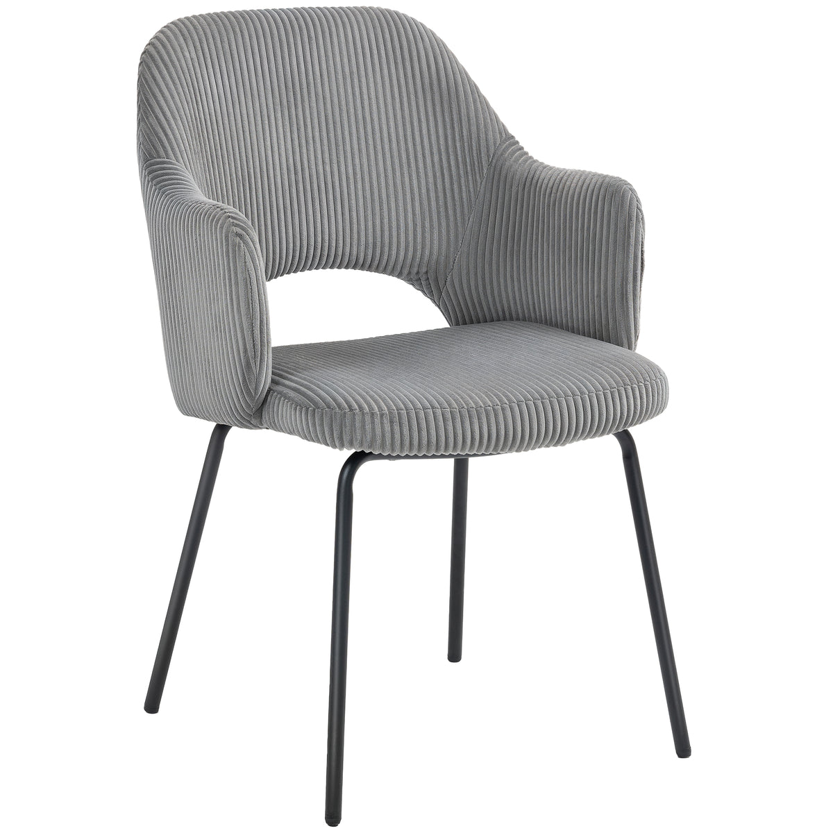 Eetkamerstoel, ribfluwelen bekleding, kuipvorm, metalen poten, vloerbeschermers, grijs