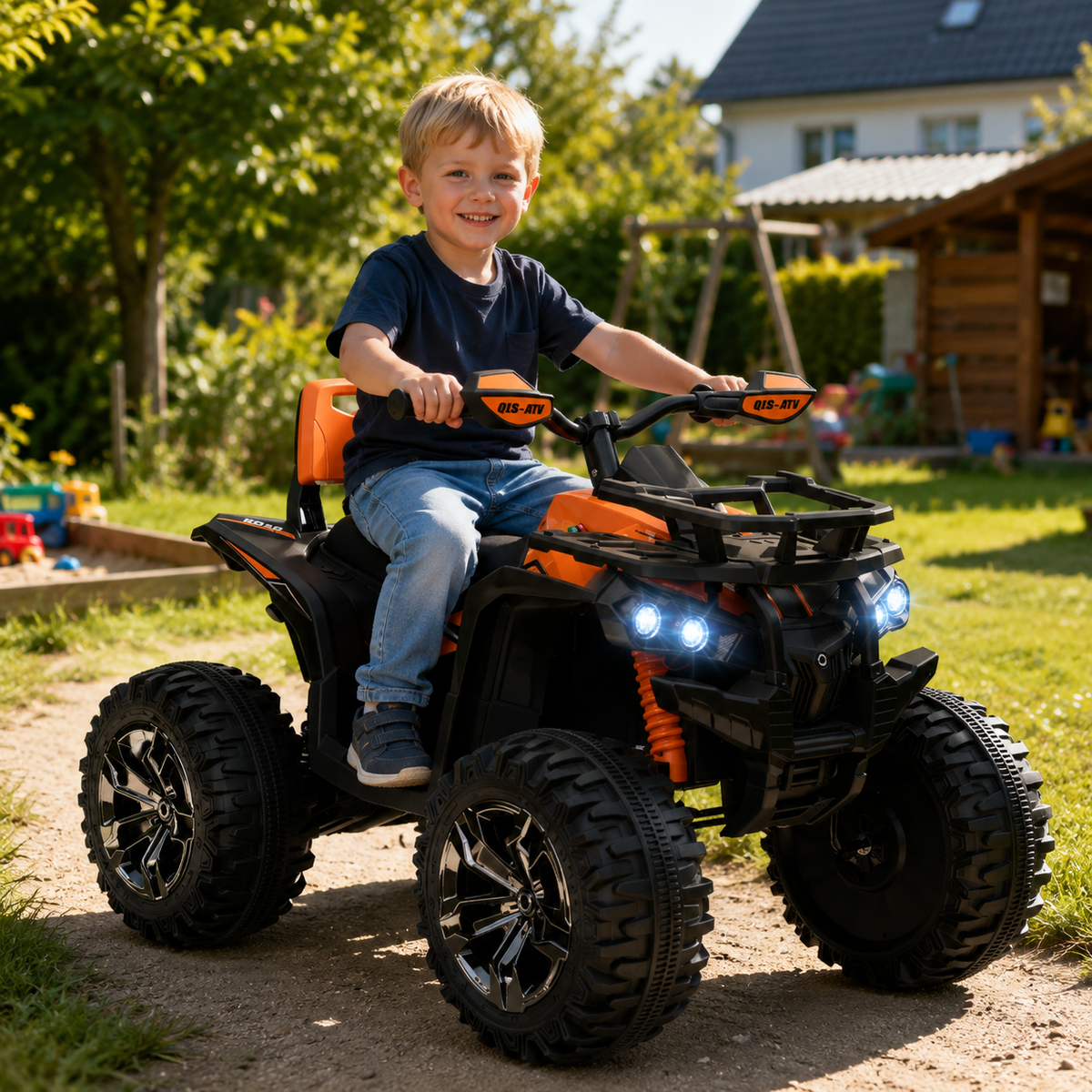12V kindervoertuig met vooruit- en achteruitfunctie, MP3-muziekspeler, koplampen, 3-8 km/u, 3-5 jaar, oranje (2)