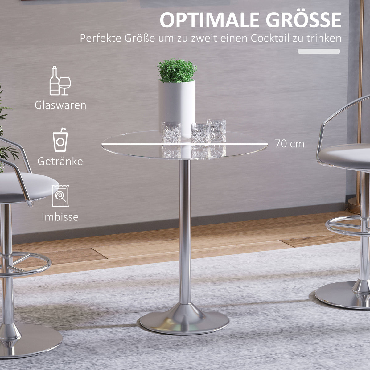 Ronde eettafel met glazen blad, metalen onderstel, zilverkleurig (5)