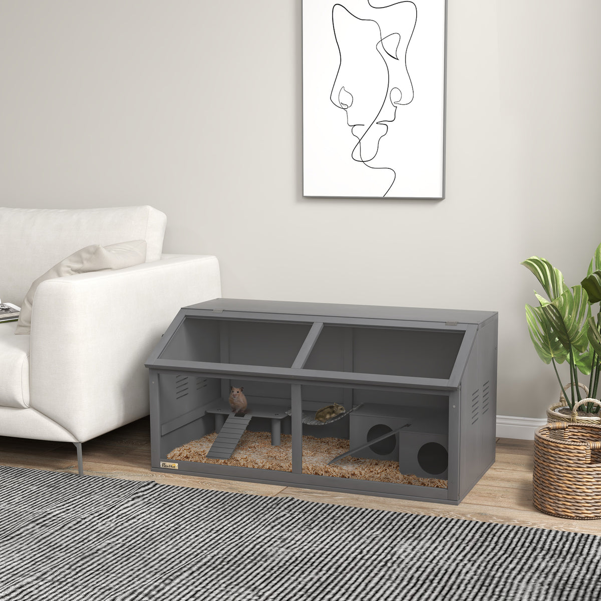 Knaagdierenkooi, met toebehoren, dennenhout, 100 cm x 52 cm x 50 cm, grijs (2)