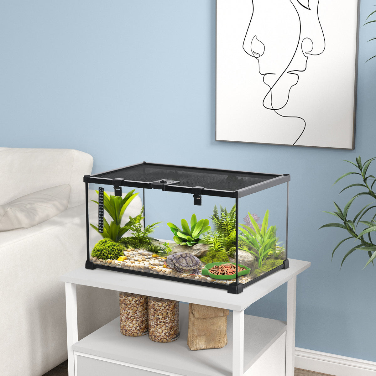 Reptielenbak terrarium, incl. stripthermometer, voederkleppen, 50 cm x 30 cm x 25 cm, glas + metaal, zwart (2)