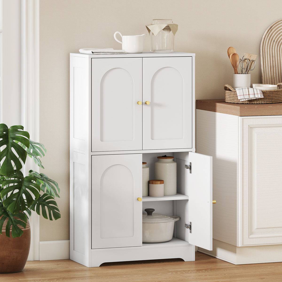 Keukenkast, hoge kast met 2 verstelbare legplanken, keukenbuffet met 4 gewelfde deuren 60 x 30 x 110 cm, wit (2)