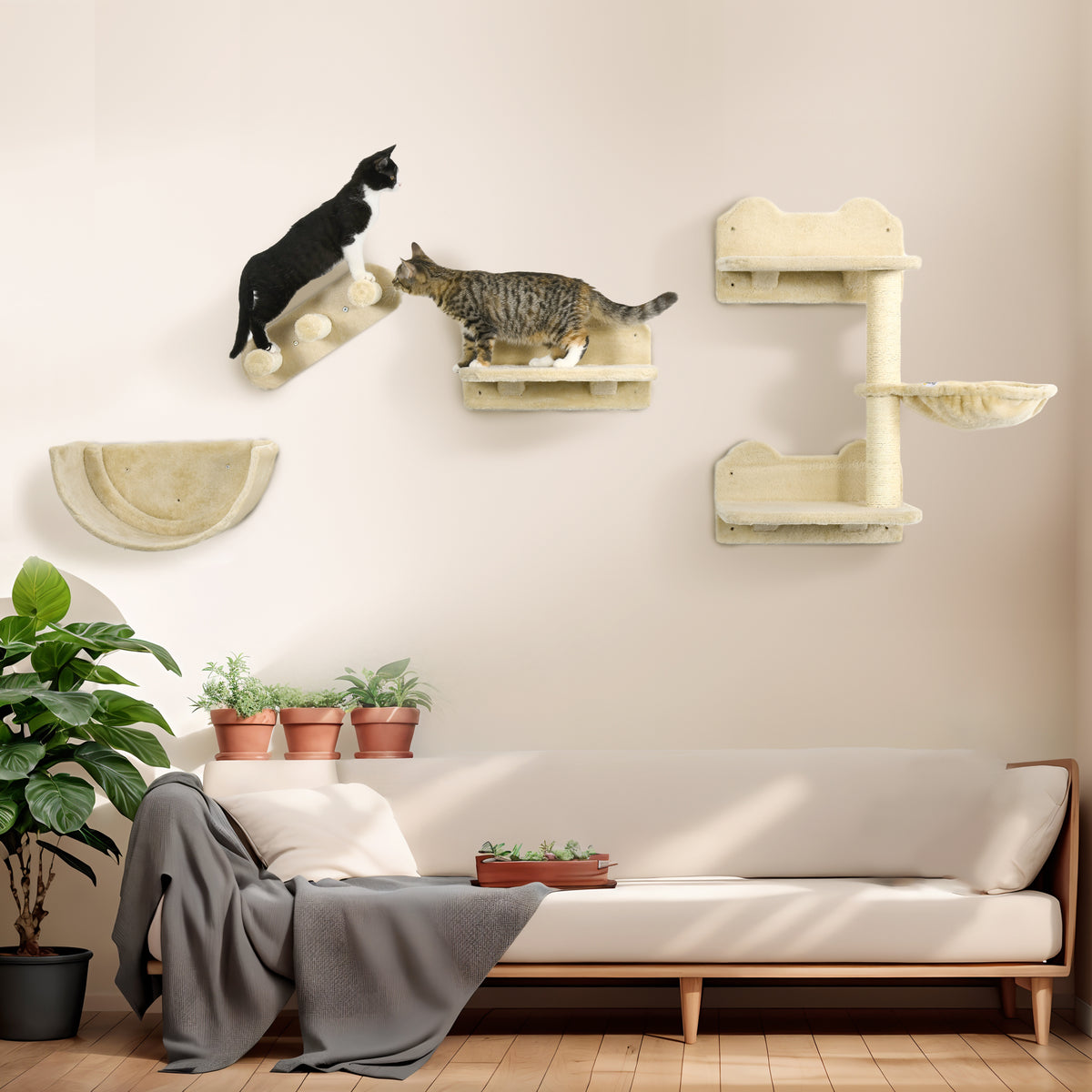 Klimwandset voor katten, 4-delig, met kattentrap, hangmat, platform en krabpaal, beige (2)