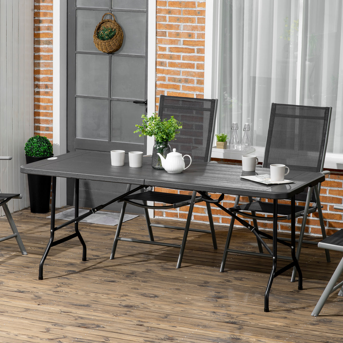 Buitentafel, tuintafel, voor 6 pers., inklapbaar, houtlook, donkergrijs, 180 x 75,5 x 73 cm (2)