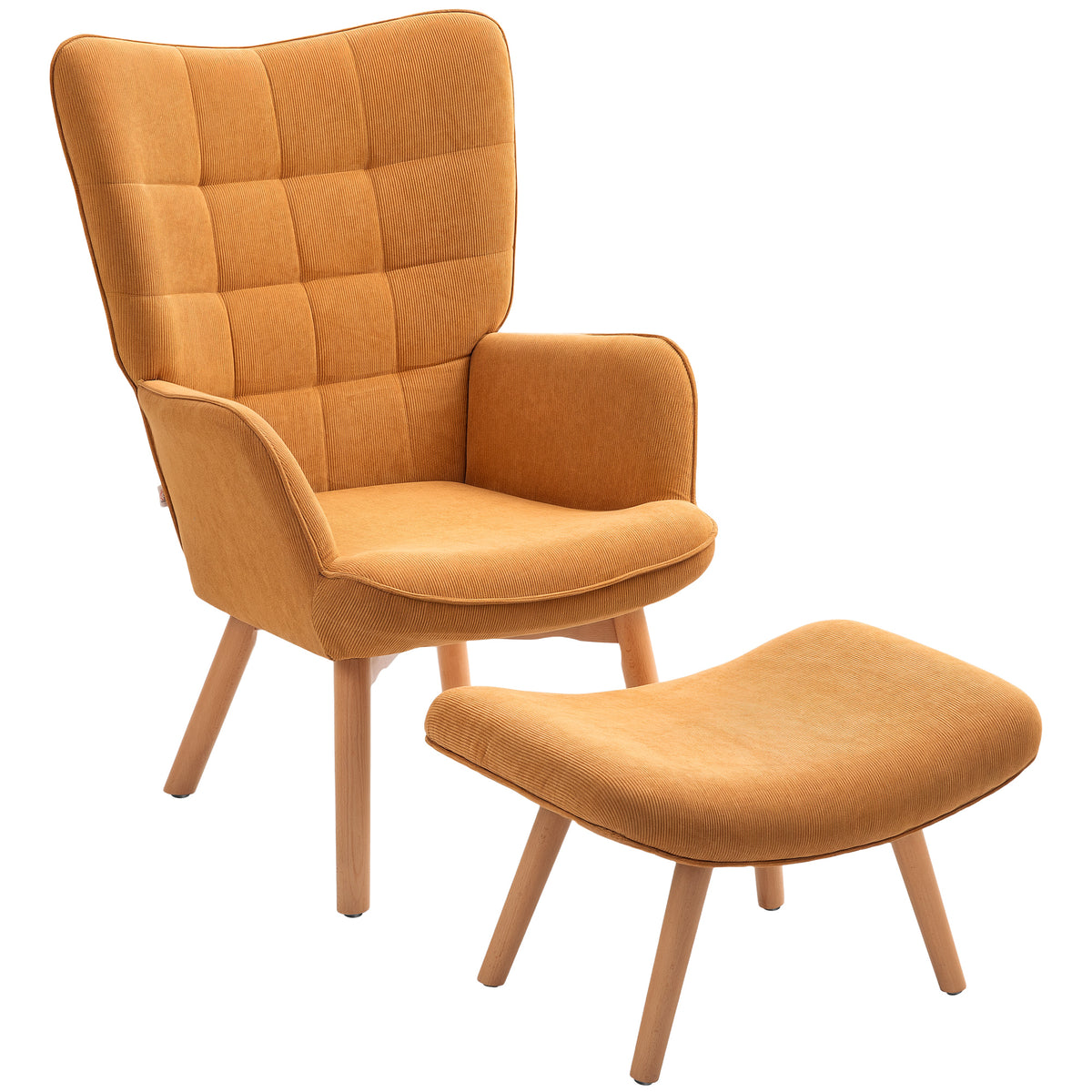 Accentfauteuil met hocker, relaxfauteuil in corduroy-look, leunstoel met houten poten, voor woonkamer, bruin