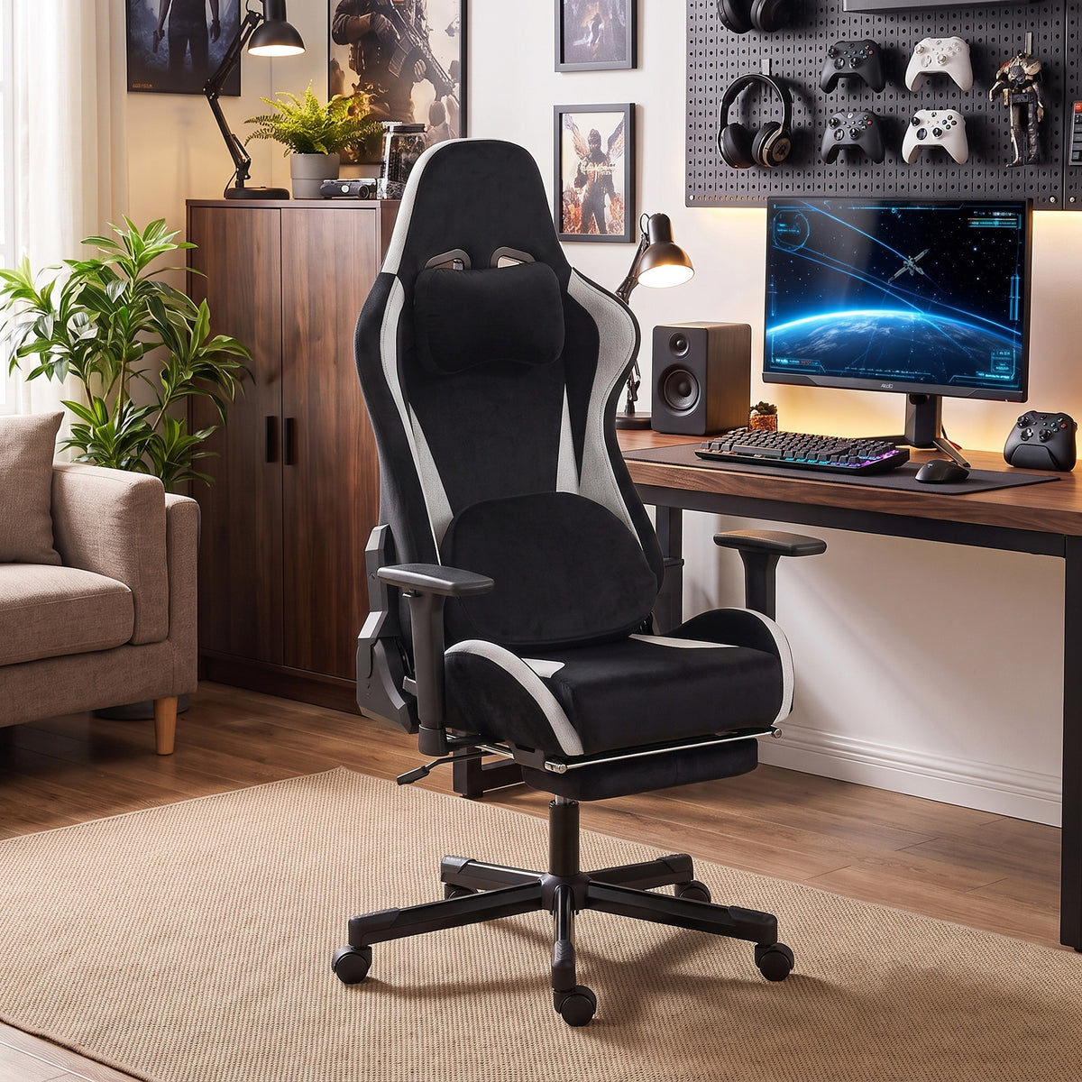 Gaming-stoel met massage- en verwarmd lendenkussen, ergonomisch, linnenlook, 3D-armleuningen, hoofdsteun, zwart (2)