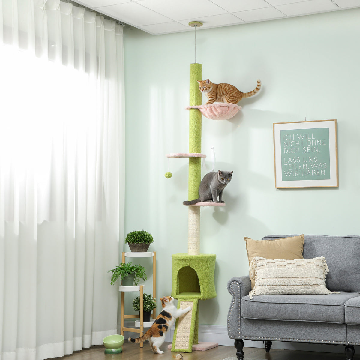 Kattenboom, grot, hangmat, in hoogte verstelbaar, krabpaal met stoffen bekleding, groen (2)