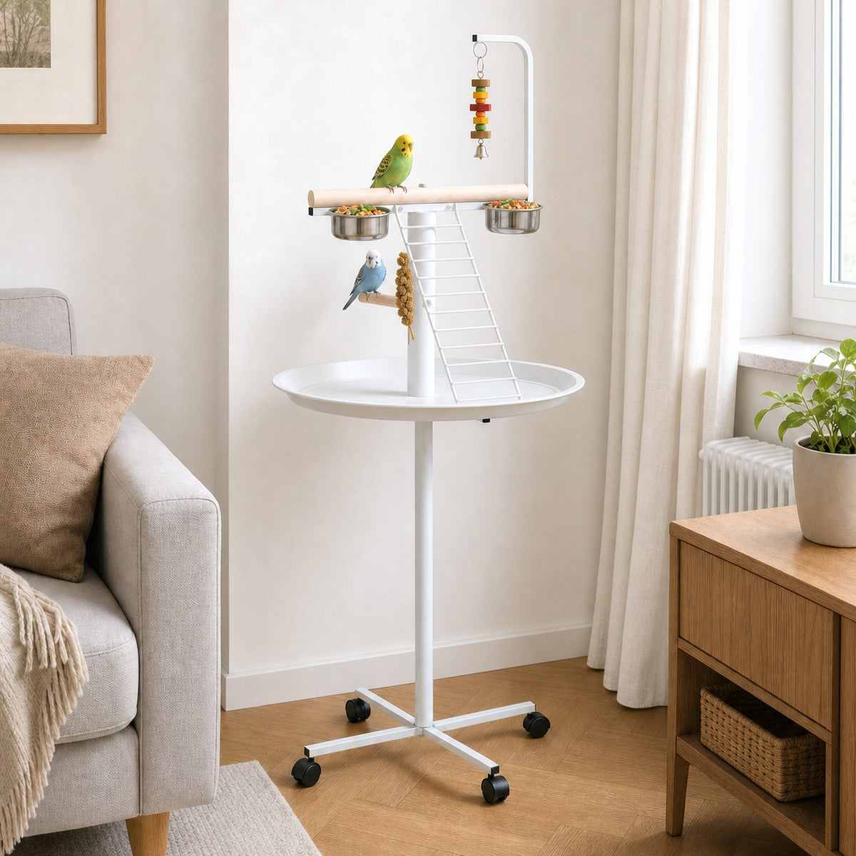Vogelstandplaats voor papegaaien zitstok, 1 ladder, 1 schommel, voerbakjes, 60 x 60 x 138 cm, wit + natuur (2)
