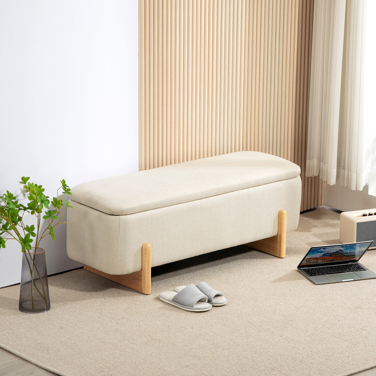 Poef met opbergruimte, zitbank met schuimvulling, linnenlook, 111 x 44 x 44,5 cm, crèmewit (2)