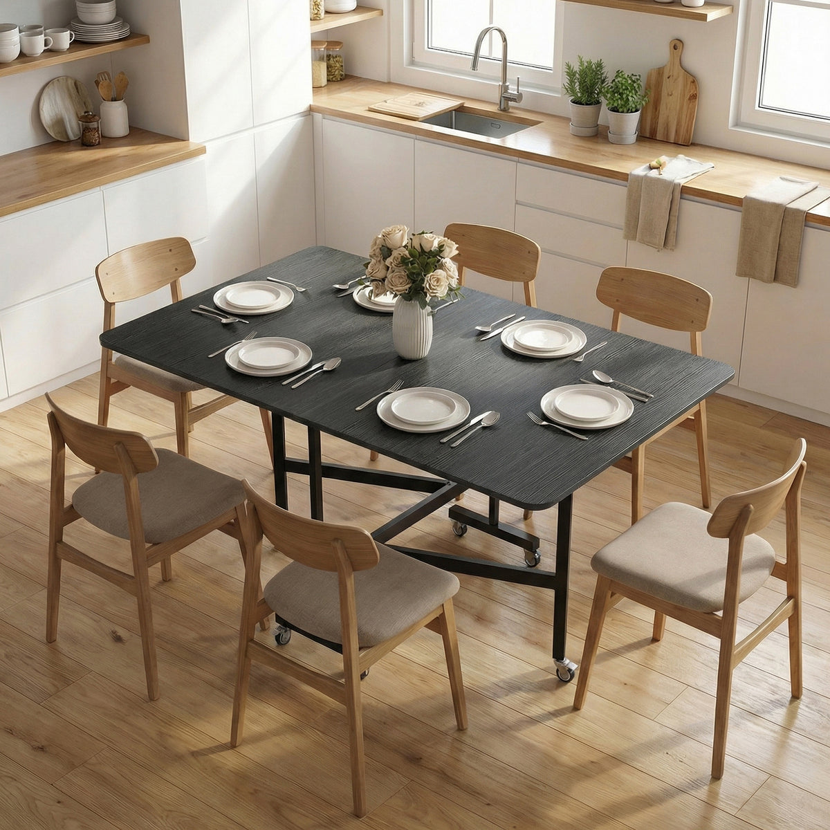 Eettafel opklapbaar keukentafel voor 4-6 personen met 6 wielen mobiele inklaptafel voor kleine ruimtes 120x80x73 (2)
