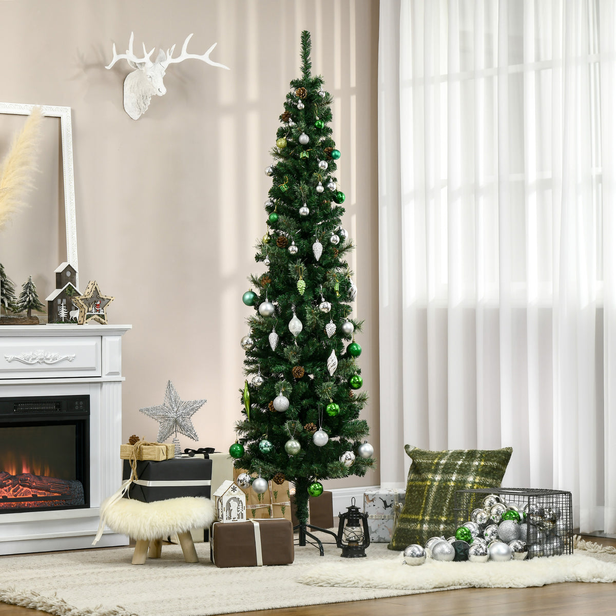 Kunstkerstboom, slank, dennenappels, vlamvertragend, 54 x 195 cm, groen (2)