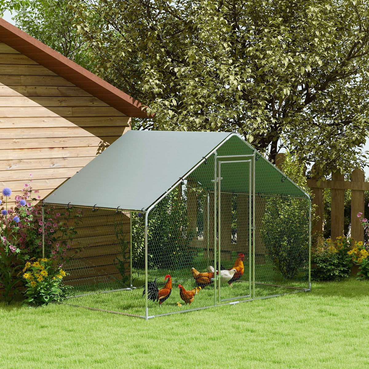 Kippenren voor 5-8 kippen, dakzeil, afsluitbare deur, stalen frame, 5,1 m², 3 x 1,7 x 1,9 m (2)