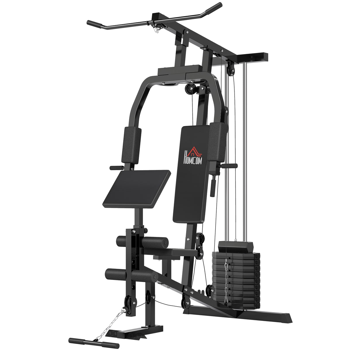Krachtstation voor thuis fitnessstation met lat-pulldown, kabeltrek, korte bicepsstang, borstpers, beentrainer