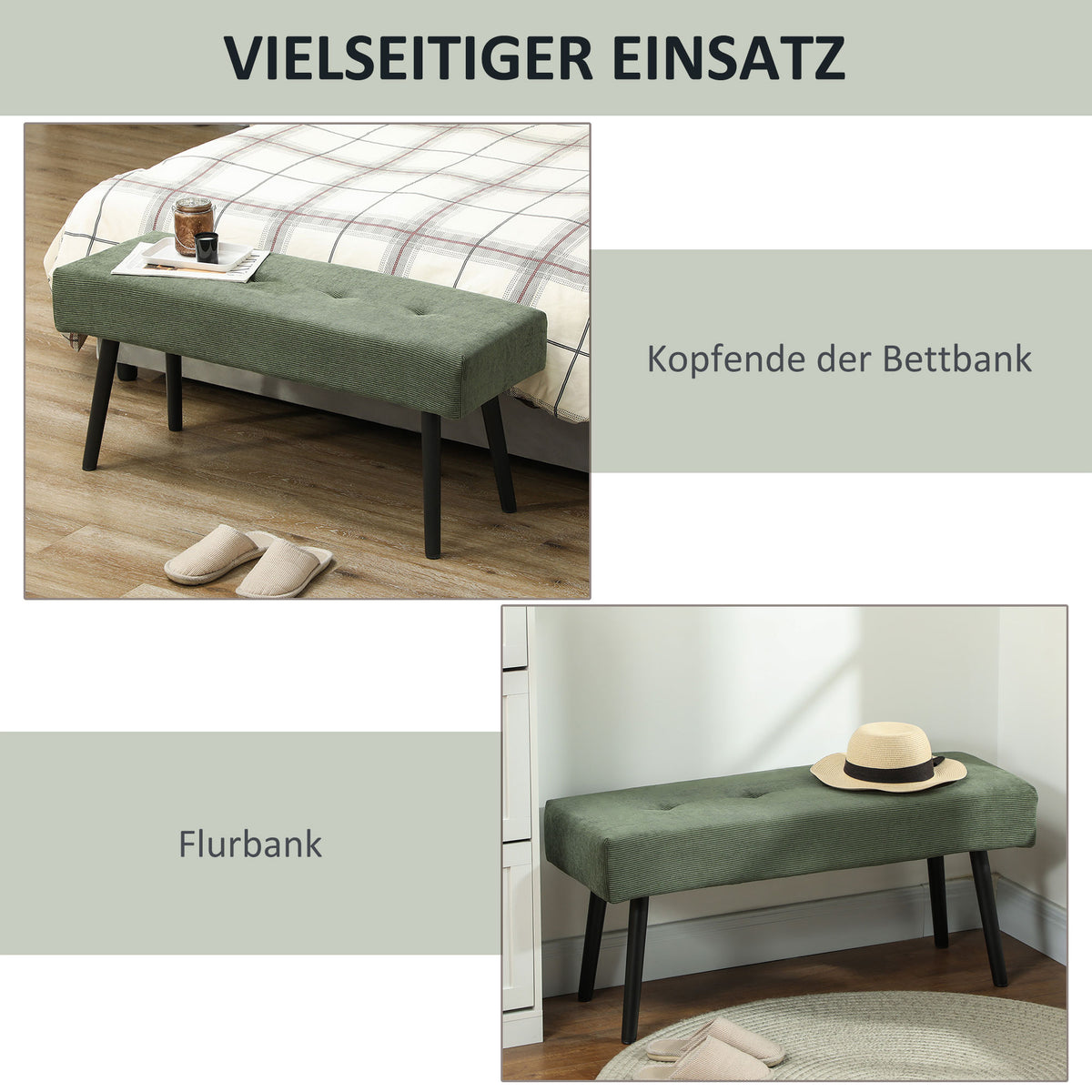 Gestoffeerde bank met ribfluwelen bekleding, bedbank met metalen poten, schoenenbank 100 x 36 x 45 cm groen (6)