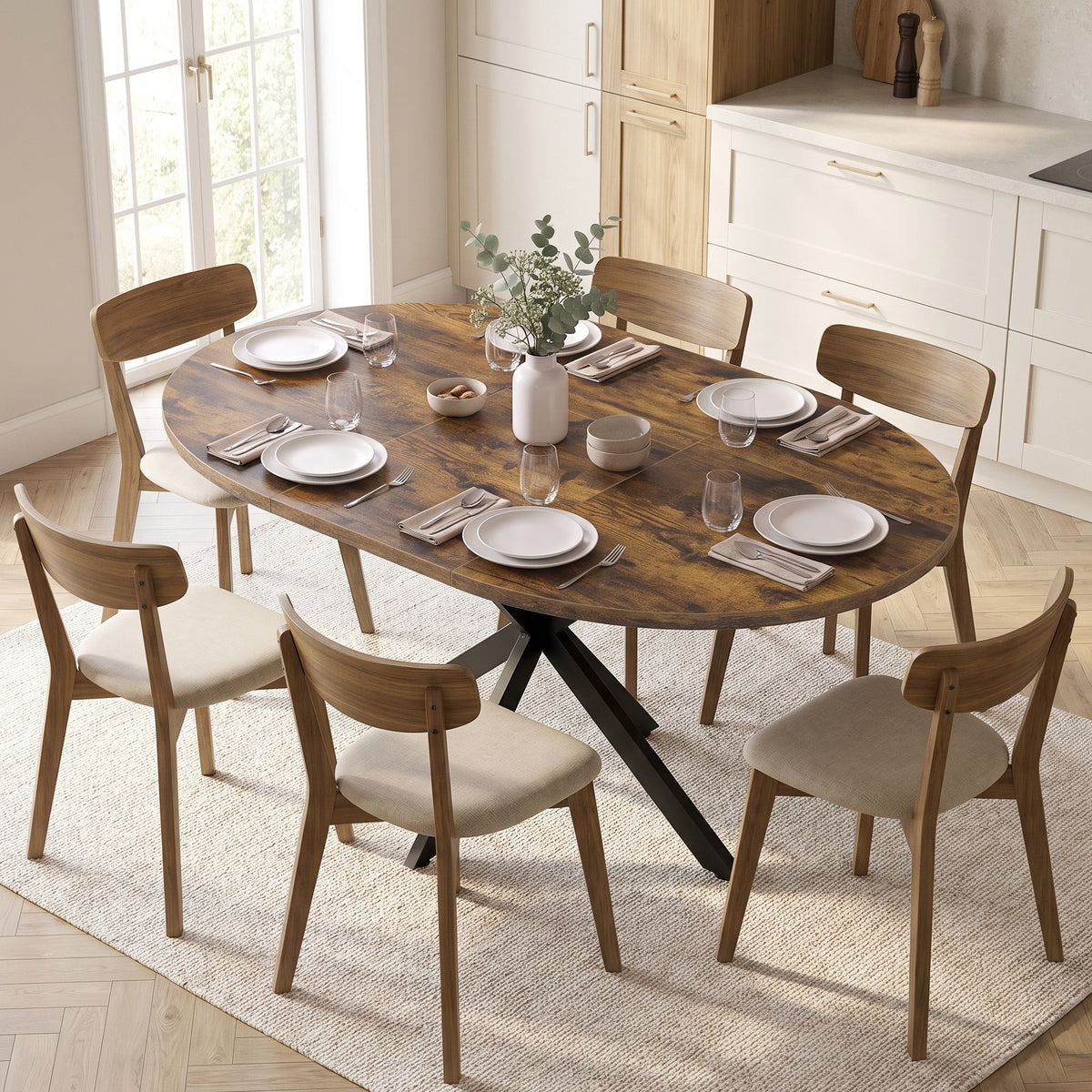 Uitschuifbare eettafel voor 4–6 personen, keukentafel in industriële look met spinpoot, rustiek bruin (2)