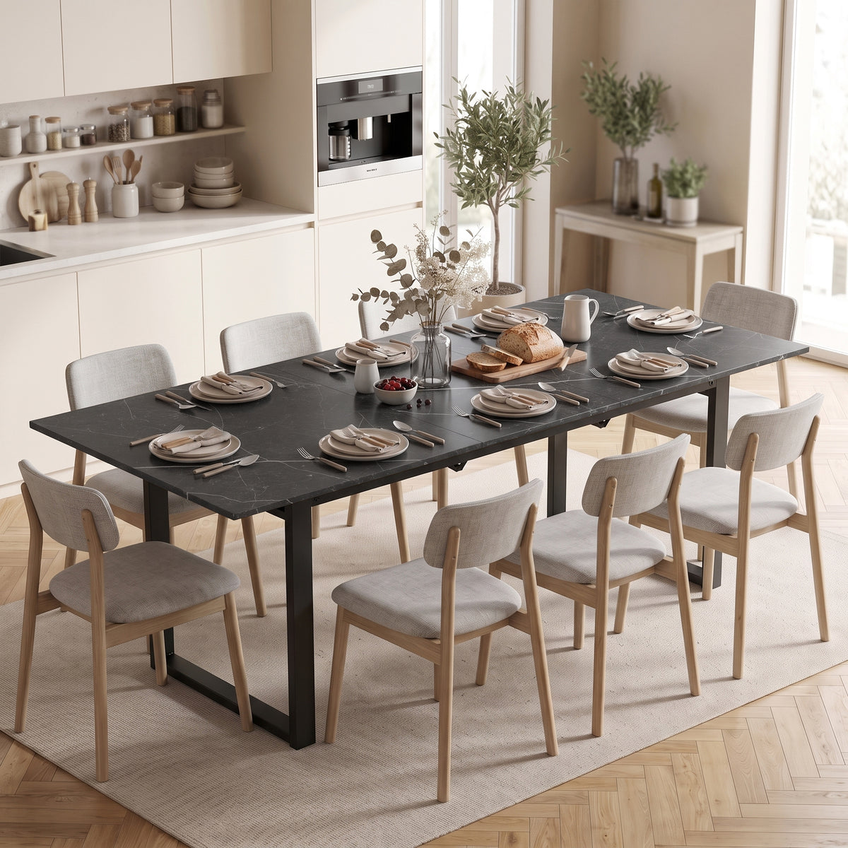 Uitschuifbare eettafel 140-180 cm voor 6-8 personen, rechthoekig in industrieel design met stalen onderstel (2)