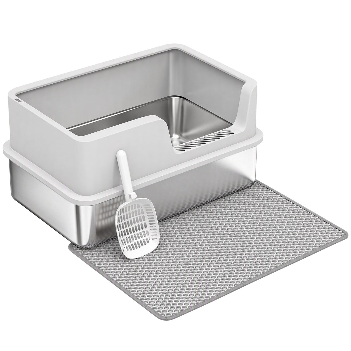 XL roestvrijstalen kattentoilet met deksel, hoge zijwanden, schep, borstel, mat voor kittens tot 8 kg lichtgrijs
