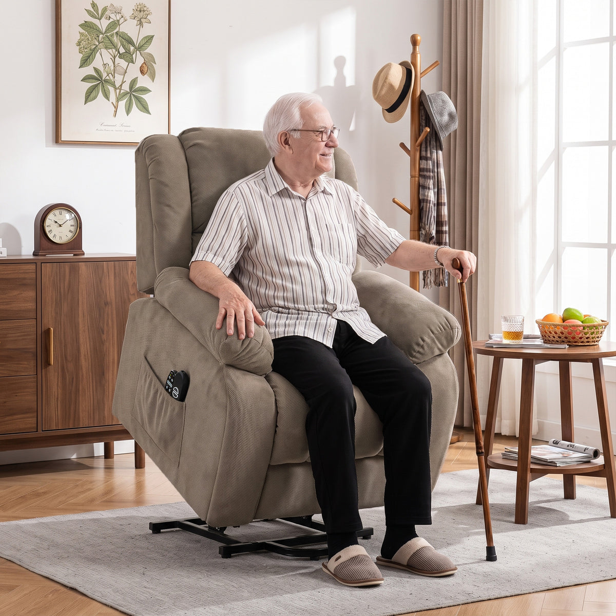 Relaxfauteuil met massage- en warmtefunctie, elektrische sta-opstoel, afstandsbediening, zijvakken, lichtbruin (2)